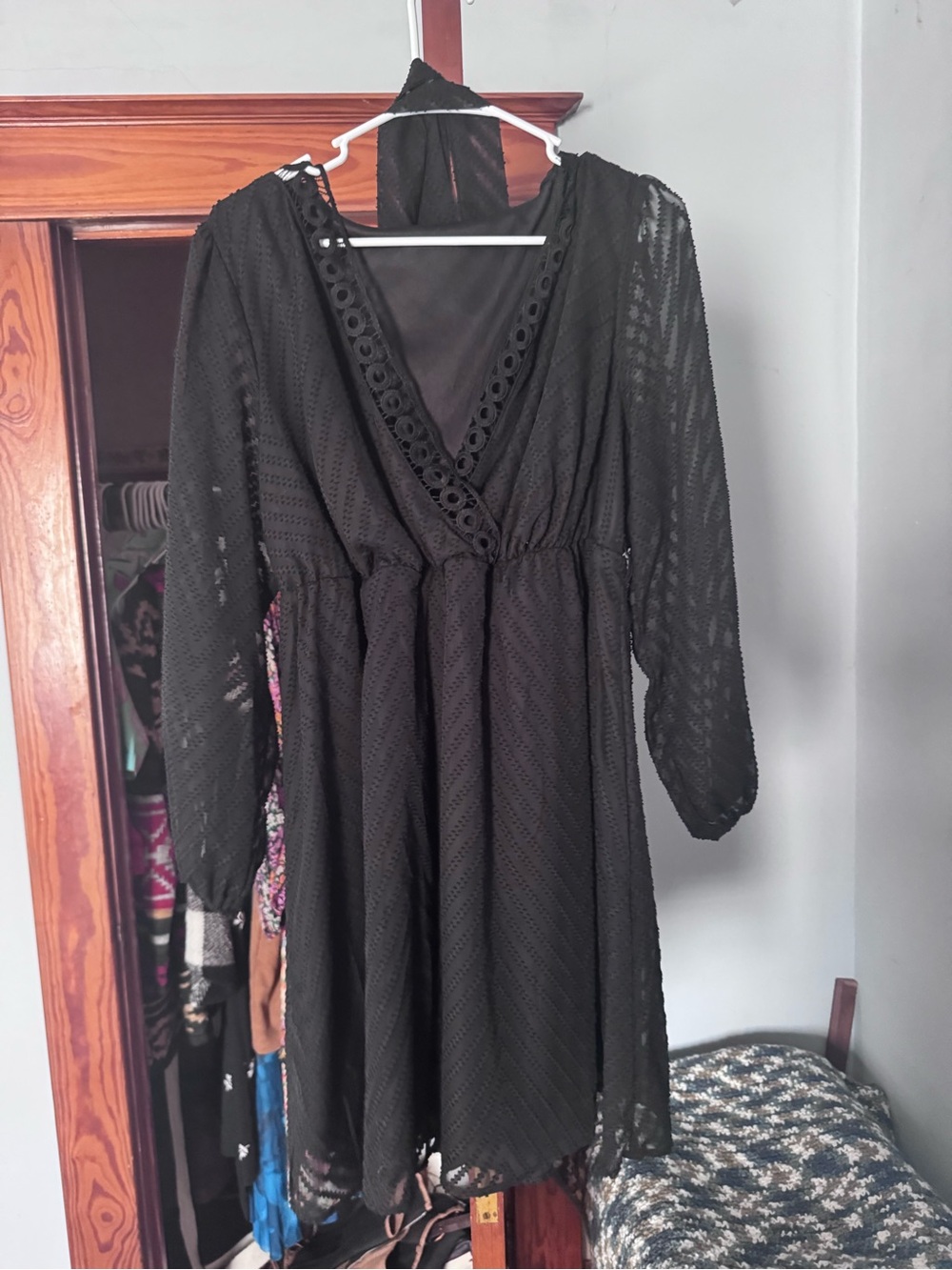 SHEIN Black V-Neck Mini Dress with Eyelet Trim